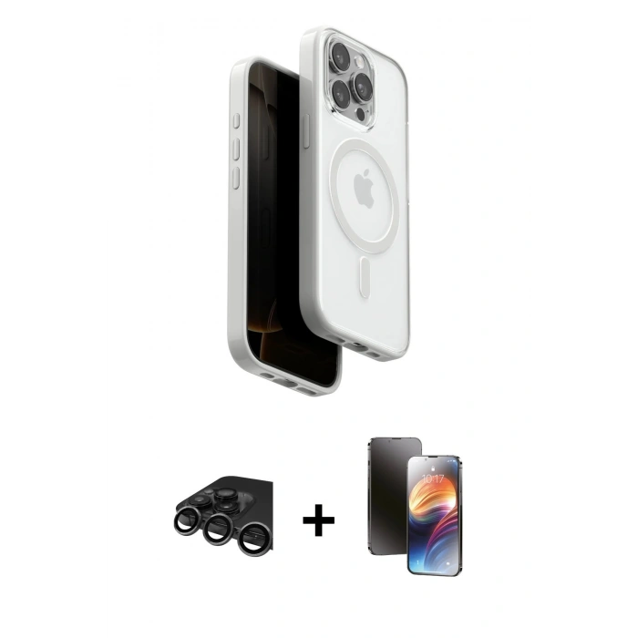MARSİLYAN™- iPhone 15 Pro Max Kılıf Pusula Form Serisi - Siyah 3D Antistatik Mat Seramik Nano Ekran Koruyucu + Raze Metal Kamera Lens - TMGI