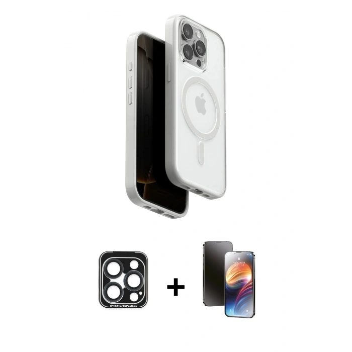 MARSİLYAN™- iPhone 15 Pro Max Kılıf Pusula Form Serisi - Siyah 3D Antistatik Mat Seramik Nano Ekran Koruyucu + PVD Metal Kamera Lens - LT