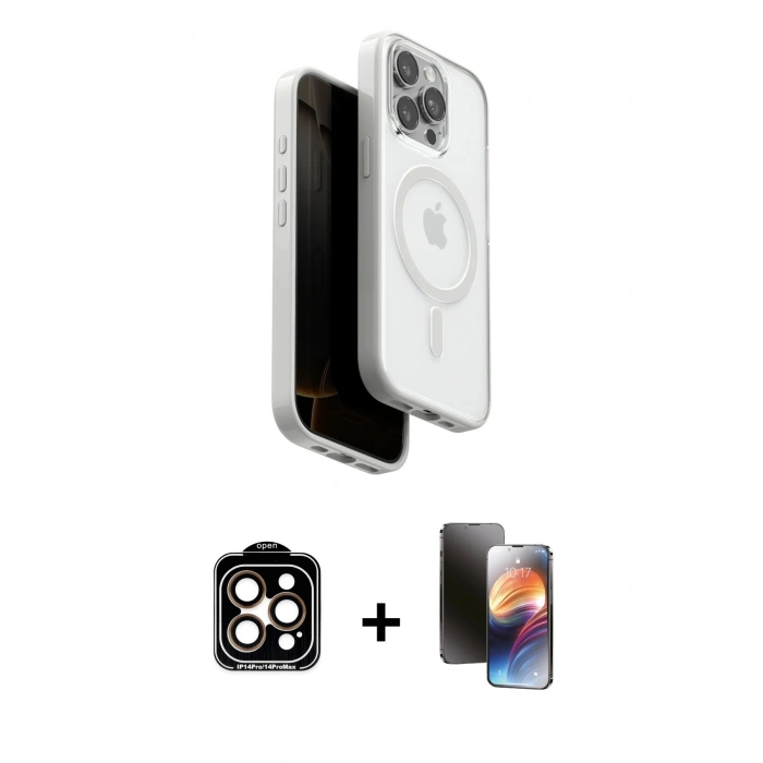 MARSİLYAN™- iPhone 15 Pro Max Kılıf Pusula Form Serisi - Siyah 3D Antistatik Mat Seramik Nano Ekran Koruyucu + Turuncu PVD Metal Kamera Lens