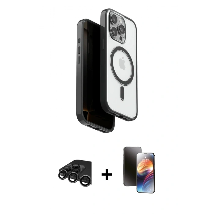 MARSİLYAN™- iPhone 15 Pro Max Kılıf Pusula Form Serisi - Siyah 3D Antistatik Mat Seramik Nano Ekran Koruyucu + Raze Metal Kamera Lens - TMGI