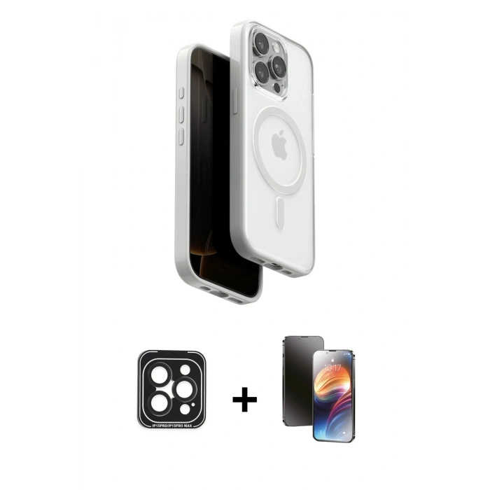 MARSİLYAN™- iPhone 15 Pro Max Kılıf Pusula Form Serisi - Siyah 3D Antistatik Mat Seramik Nano Ekran Koruyucu + PVD Metal Kamera Lens - SH