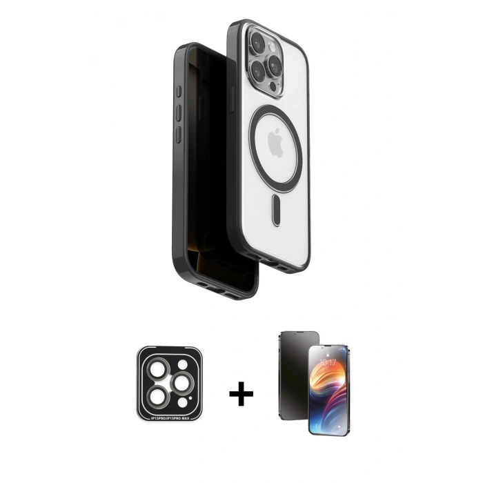 MARSİLYAN™- iPhone 15 Pro Max Kılıf Pusula Form Serisi - Siyah 3D Antistatik Mat Seramik Nano Ekran Koruyucu + Gri PVD Metal Kamera Lens