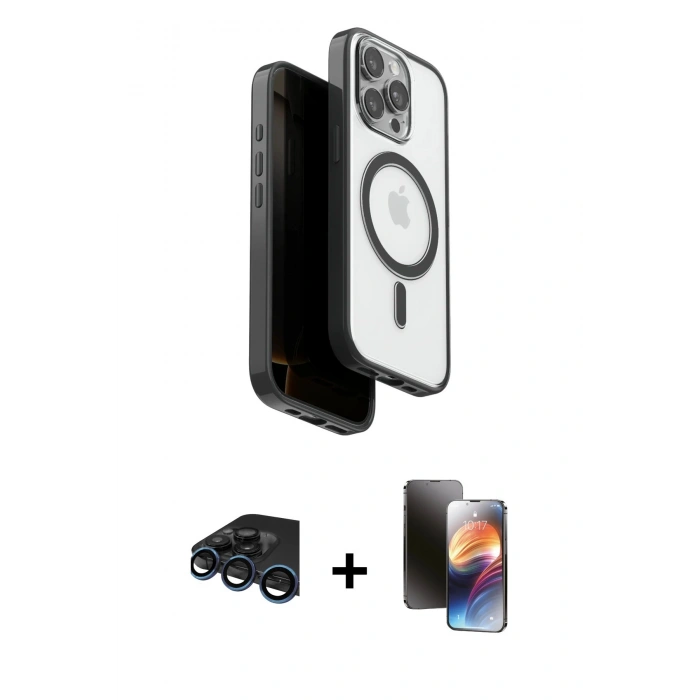 MARSİLYAN™- iPhone 15 Pro Max Kılıf Pusula Form Serisi - Siyah 3D Antistatik Mat Seramik Nano Ekran Koruyucu + Raze Metal Kamera Lens - LT