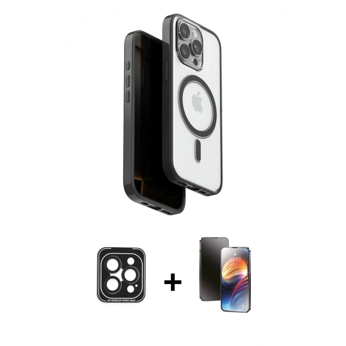 MARSİLYAN™- iPhone 15 Pro Max Kılıf Pusula Form Serisi - Siyah 3D Antistatik Mat Seramik Nano Ekran Koruyucu + PVD Metal Kamera Lens - SH