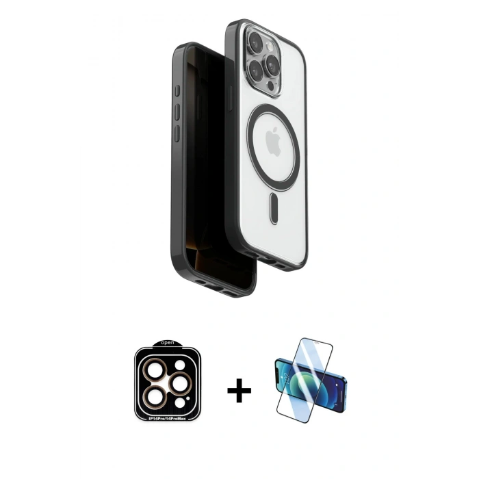 MARSİLYAN™- iPhone 15 Pro Max Kılıf Pusula Form Serisi - Siyah 3D Antistatik Seramik Nano Ekran Koruyucu + PVD Metal Kamera Lens - TU