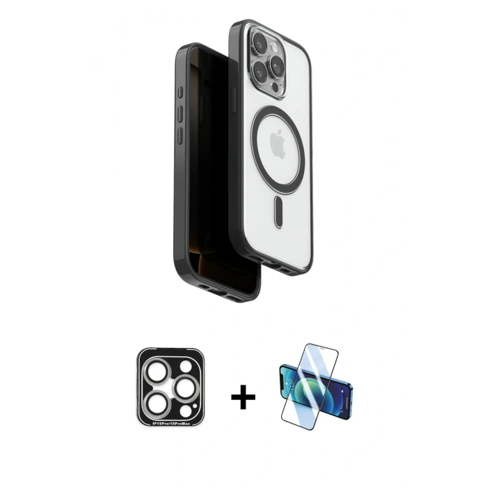 MARSİLYAN™- iPhone 15 Pro Max Kılıf Pusula Form Serisi - Siyah 3D Antistatik Seramik Nano Ekran Koruyucu + PVD Metal Kamera Lens - GS