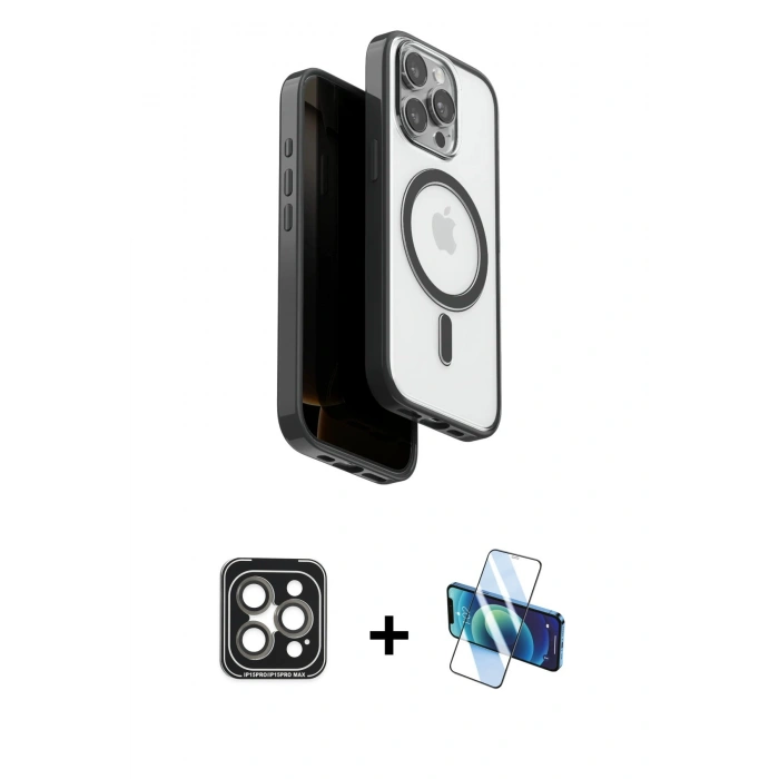 MARSİLYAN™- iPhone 15 Pro Max Kılıf Pusula Form Serisi - Siyah 3D Antistatik Seramik Nano Ekran Koruyucu + PVD Metal Kamera Lens - GI