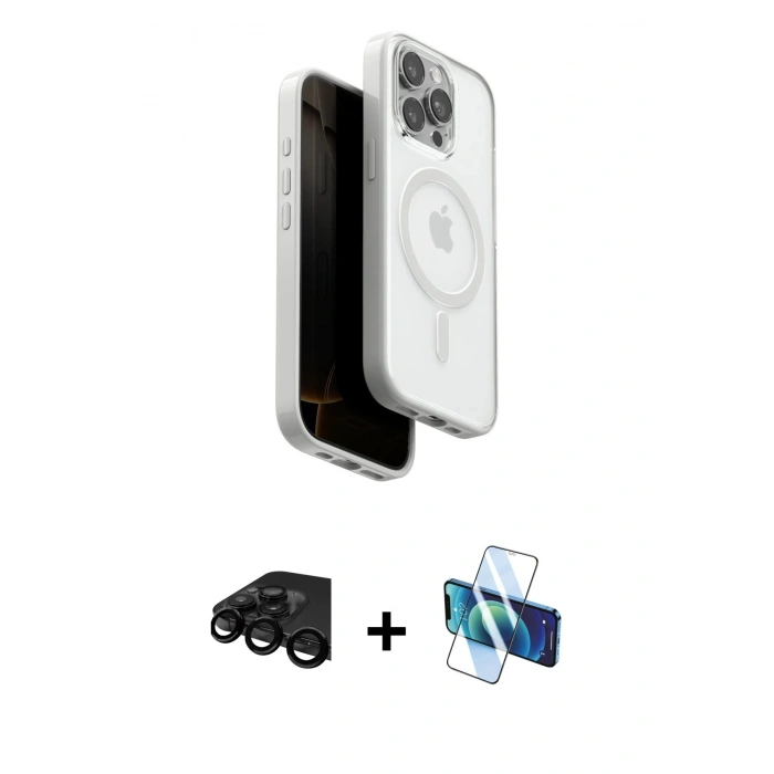 MARSİLYAN™- iPhone 15 Pro Max Kılıf Pusula Form Serisi - Siyah 3D Antistatik Seramik Nano Ekran Koruyucu + Raze Metal Kamera Lens - SH