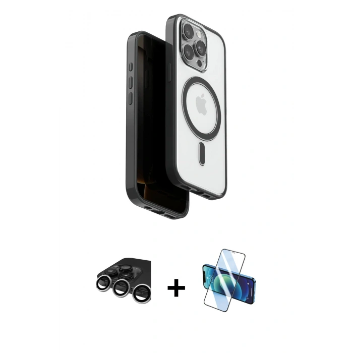 MARSİLYAN™- iPhone 15 Pro Max Kılıf Pusula Form Serisi - Siyah 3D Antistatik Seramik Nano Ekran Koruyucu + Raze Metal Kamera Lens - GS