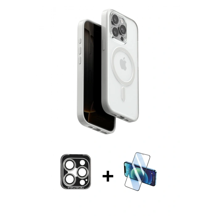 MARSİLYAN™- iPhone 15 Pro Max Kılıf Pusula Form Serisi - Siyah 3D Antistatik Seramik Nano Ekran Koruyucu + PVD Metal Kamera Lens - GS