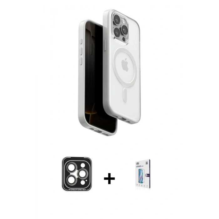 MARSİLYAN™- iPhone 15 Pro Max Kılıf Pusula Form Serisi - Siyah Bilvis 0.18mm Plus Cam Ekran Koruyucu + PVD Metal Kamera Lens - GI