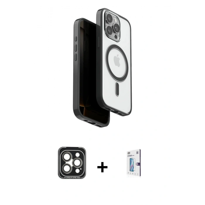 MARSİLYAN™- iPhone 15 Pro Max Kılıf Pusula Form Serisi - Siyah Bilvis 0.18mm Plus Cam Ekran Koruyucu + PVD Metal Kamera Lens - GI