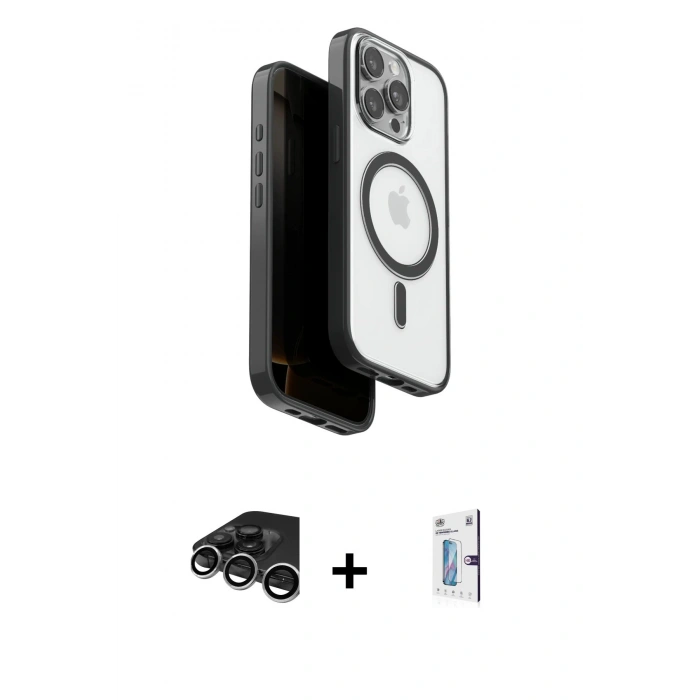 MARSİLYAN™- iPhone 15 Pro Max Kılıf Pusula Form Serisi - Siyah Bilvis 0.18mm Plus Cam Ekran Koruyucu + Gümüş Raze Metal Kamera Lens