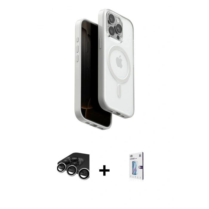 MARSİLYAN™- iPhone 15 Pro Max Kılıf Pusula Form Serisi - Siyah Bilvis 0.18mm Plus Cam Ekran Koruyucu + Gümüş Raze Metal Kamera Lens