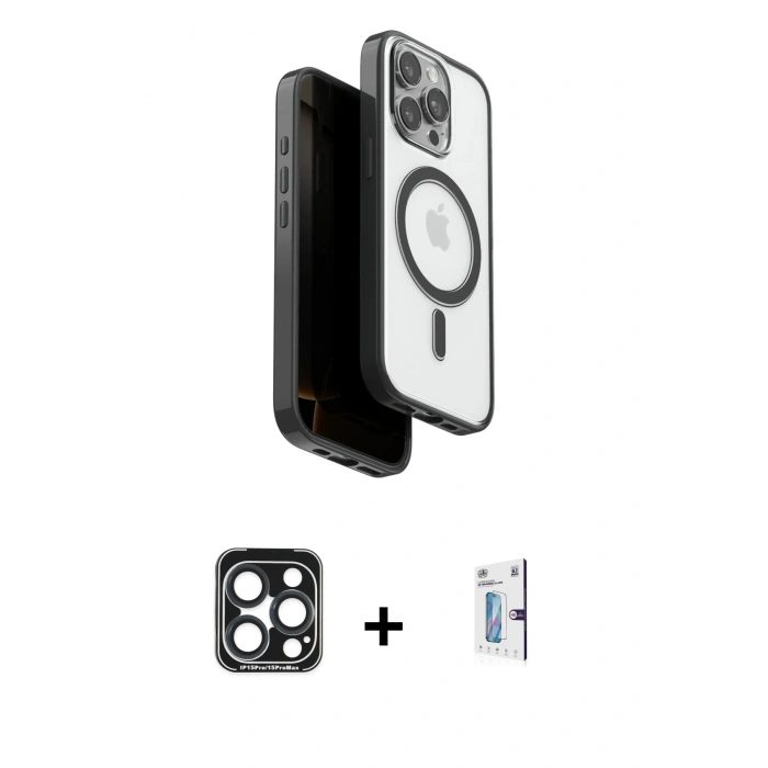 MARSİLYAN™- iPhone 15 Pro Max Kılıf Pusula Form Serisi - Siyah Bilvis 0.18mm Plus Cam Ekran Koruyucu + PVD Metal Kamera Lens - LT
