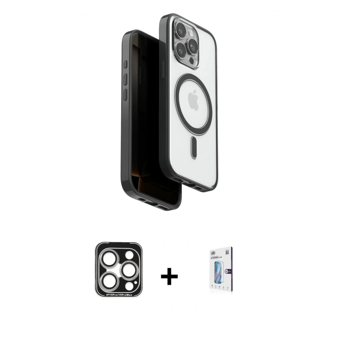MARSİLYAN™- iPhone 15 Pro Max Kılıf Pusula Form Serisi - Siyah Bilvis 0.18mm Plus Cam Ekran Koruyucu + PVD Metal Kamera Lens - GS