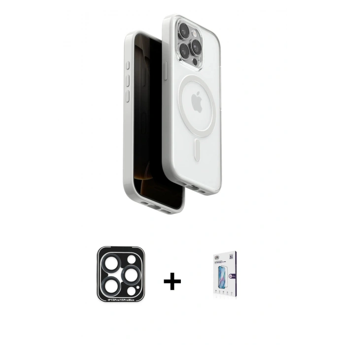 MARSİLYAN™- iPhone 15 Pro Max Kılıf Pusula Form Serisi - Siyah Bilvis 0.18mm Plus Cam Ekran Koruyucu + PVD Metal Kamera Lens - LT