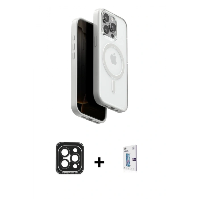 MARSİLYAN™- iPhone 15 Pro Max Kılıf Pusula Form Serisi - Siyah Bilvis 0.18mm Plus Cam Ekran Koruyucu + PVD Metal Kamera Lens - SH