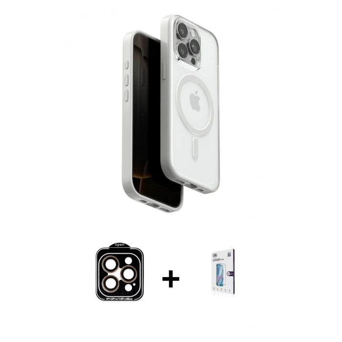 MARSİLYAN™- iPhone 15 Pro Max Kılıf Pusula Form Serisi - Siyah Bilvis 0.18mm Plus Cam Ekran Koruyucu + PVD Metal Kamera Lens - TU