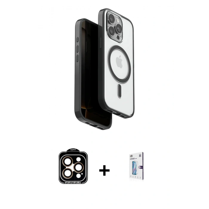 MARSİLYAN™- iPhone 15 Pro Max Kılıf Pusula Form Serisi - Siyah Bilvis 0.18mm Plus Cam Ekran Koruyucu + PVD Metal Kamera Lens - TU
