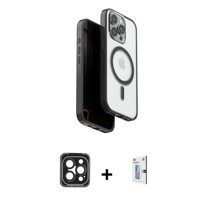 MARSİLYAN™- iPhone 15 Pro Max Kılıf Pusula Form Serisi - Siyah Bilvis 0.18mm Plus Cam Ekran Koruyucu + PVD Metal Kamera Lens - SH