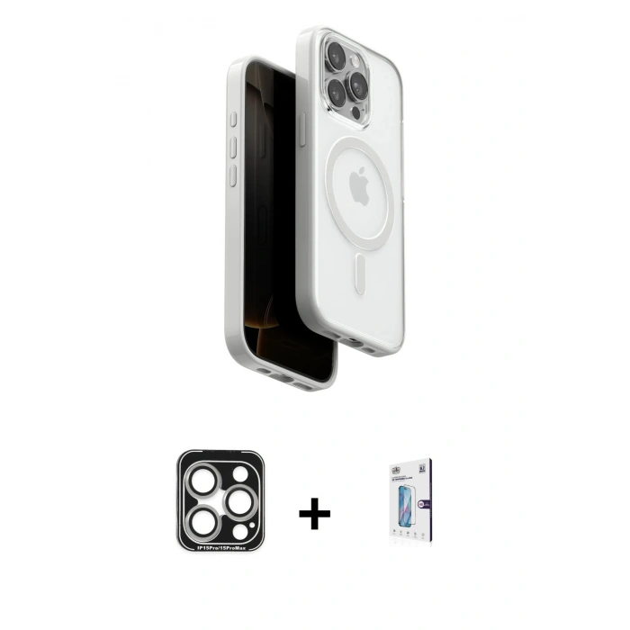 MARSİLYAN™- iPhone 15 Pro Max Kılıf Pusula Form Serisi - Siyah Bilvis 0.18mm Plus Cam Ekran Koruyucu + PVD Metal Kamera Lens - GS