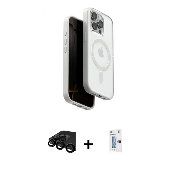 MARSİLYAN™- iPhone 15 Pro Max Kılıf Pusula Form Serisi - Siyah Bilvis 0.18mm Plus Cam Ekran Koruyucu + Raze Metal Kamera Lens - SH