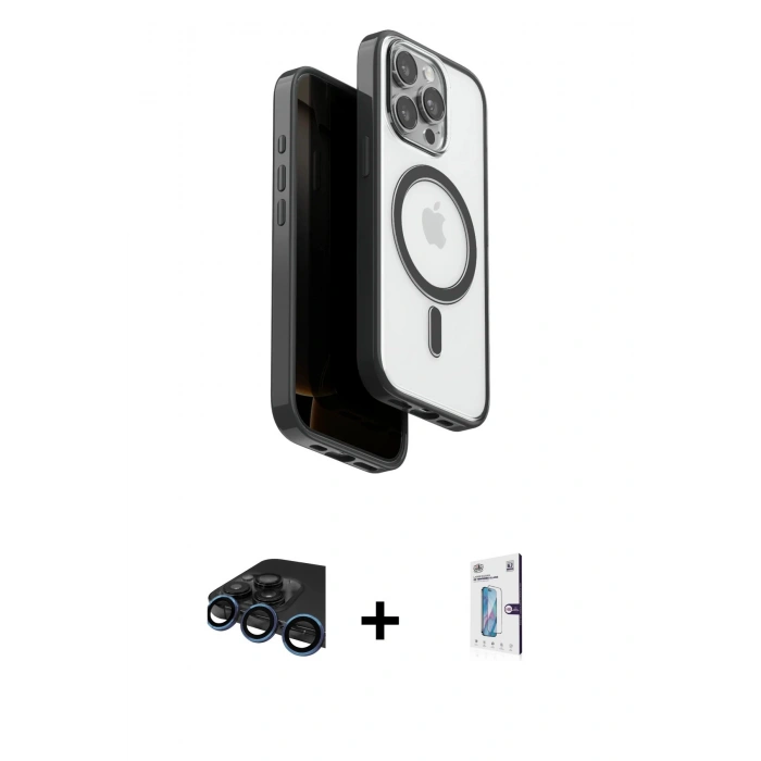 MARSİLYAN™- iPhone 15 Pro Max Kılıf Pusula Form Serisi - Siyah Bilvis 0.18mm Plus Cam Ekran Koruyucu + Raze Metal Kamera Lens - LT