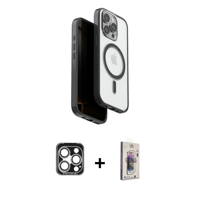 MARSİLYAN™- iPhone 15 Pro Max Kılıf Pusula Form Serisi - Siyah Bilvis 3D Cam Ekran Koruyucu + PVD Metal Kamera Lens - GS