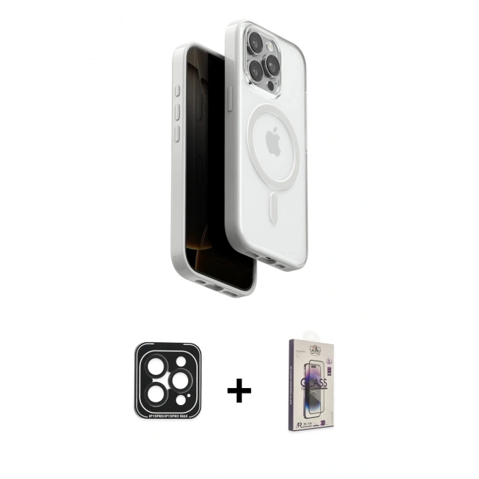 MARSİLYAN™- iPhone 15 Pro Max Kılıf Pusula Form Serisi - Siyah Bilvis 3D Cam Ekran Koruyucu + PVD Metal Kamera Lens - SH