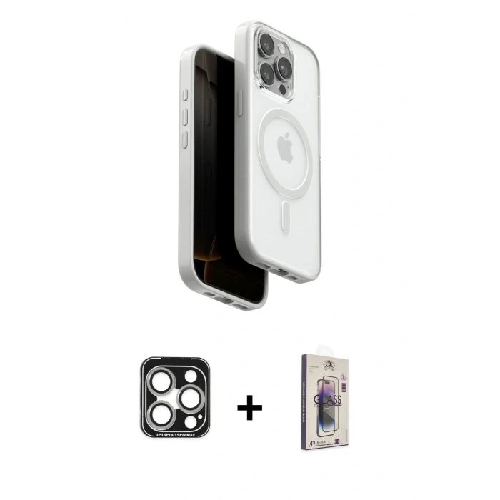 MARSİLYAN™- iPhone 15 Pro Max Kılıf Pusula Form Serisi - Siyah Bilvis 3D Cam Ekran Koruyucu + PVD Metal Kamera Lens - GS