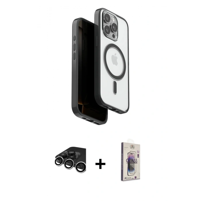 MARSİLYAN™- iPhone 15 Pro Max Kılıf Pusula Form Serisi - Siyah Bilvis 3D Cam Ekran Koruyucu + Raze Metal Kamera Lens - GS