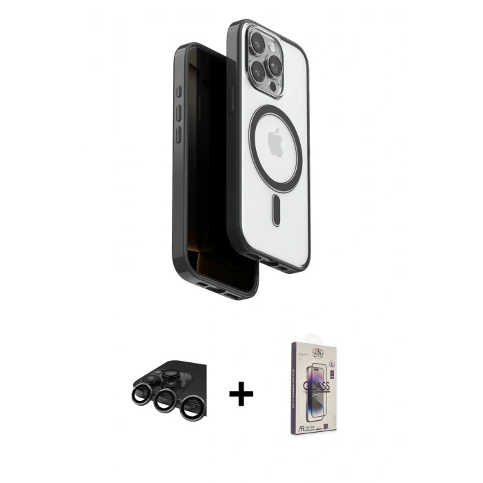 MARSİLYAN™- iPhone 15 Pro Max Kılıf Pusula Form Serisi - Siyah Bilvis 3D Cam Ekran Koruyucu + Raze Metal Kamera Lens - TMGI