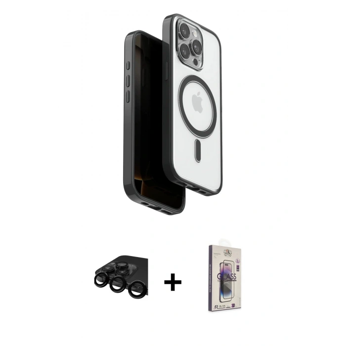 MARSİLYAN™- iPhone 15 Pro Max Kılıf Pusula Form Serisi - Siyah Bilvis 3D Cam Ekran Koruyucu + Raze Metal Kamera Lens - SH