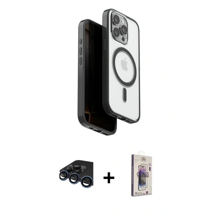 MARSİLYAN™- iPhone 15 Pro Max Kılıf Pusula Form Serisi - Siyah Bilvis 3D Cam Ekran Koruyucu + Raze Metal Kamera Lens - LT