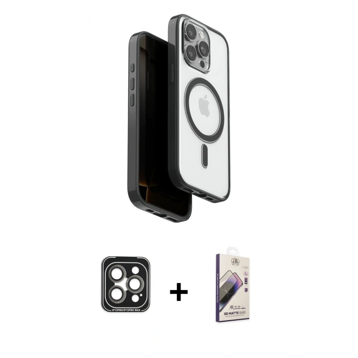 MARSİLYAN™- iPhone 15 Pro Max Kılıf Pusula Form Serisi - Siyah Bilvis 3D Mat Cam Ekran Koruyucu + PVD Metal Kamera Lens - GI
