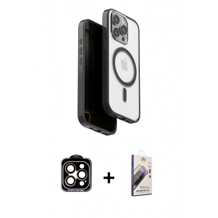 MARSİLYAN™- iPhone 15 Pro Max Kılıf Pusula Form Serisi - Siyah Bilvis 3D Mat Cam Ekran Koruyucu + PVD Metal Kamera Lens - TU