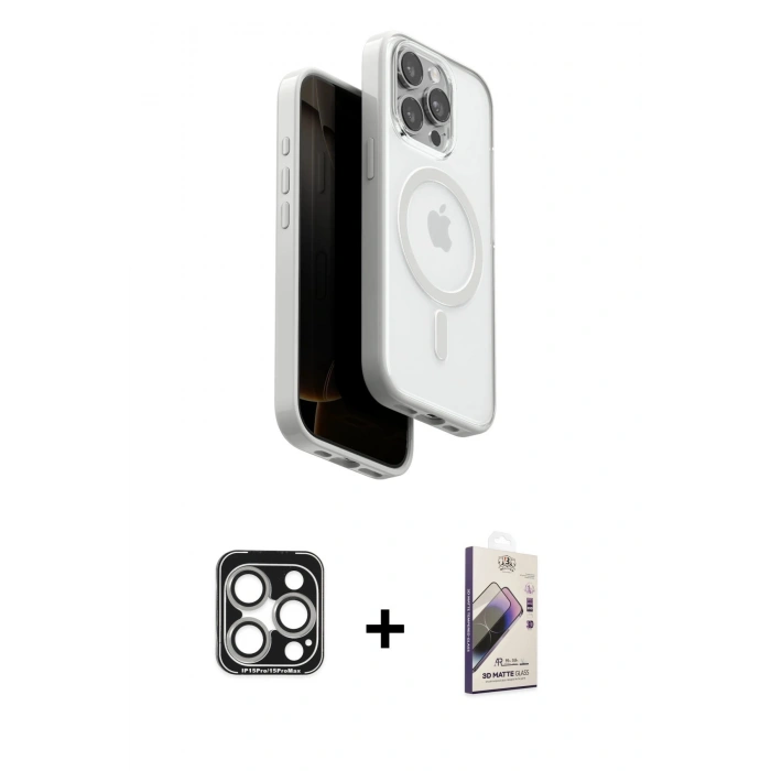 MARSİLYAN™- iPhone 15 Pro Max Kılıf Pusula Form Serisi - Siyah Bilvis 3D Mat Cam Ekran Koruyucu + PVD Metal Kamera Lens - GS