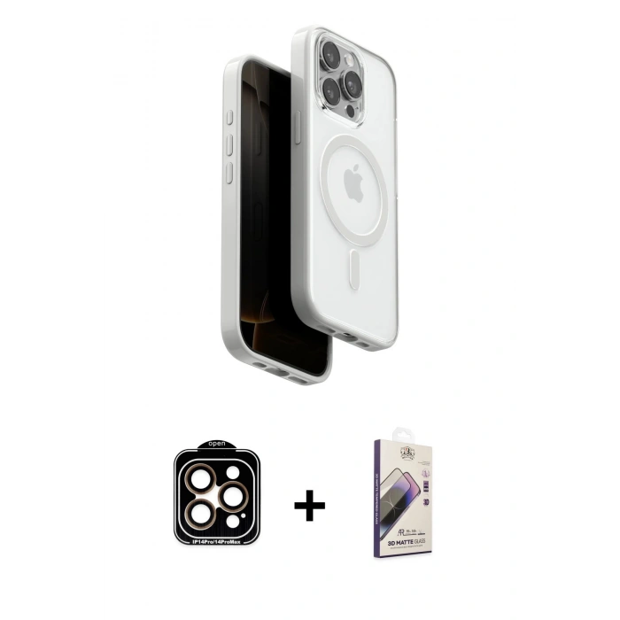 MARSİLYAN™- iPhone 15 Pro Max Kılıf Pusula Form Serisi - Siyah Bilvis 3D Mat Cam Ekran Koruyucu + PVD Metal Kamera Lens - TU