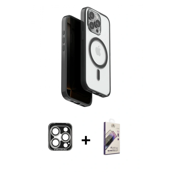 MARSİLYAN™- iPhone 15 Pro Max Kılıf Pusula Form Serisi - Siyah Bilvis 3D Mat Cam Ekran Koruyucu + PVD Metal Kamera Lens - GS