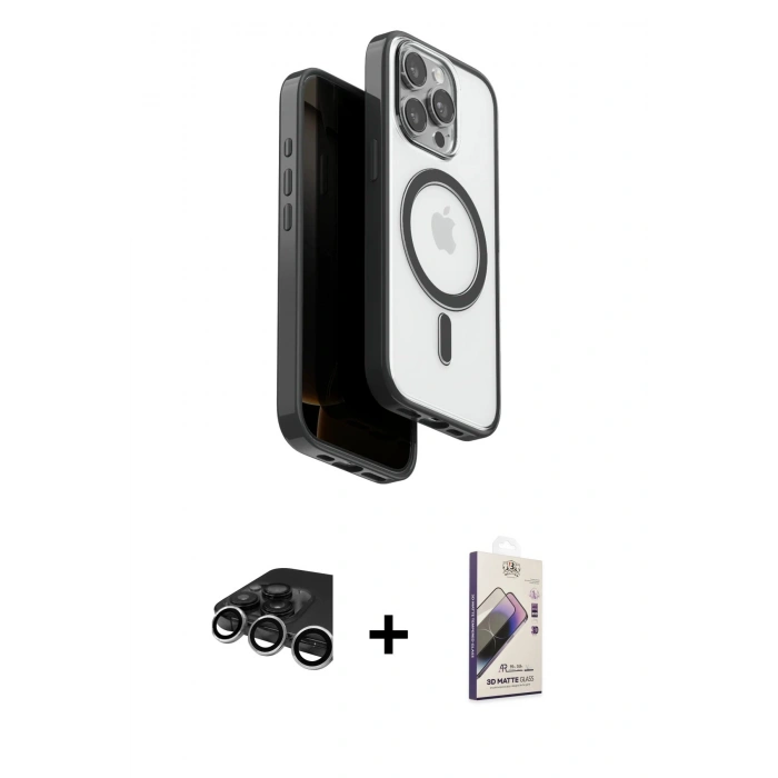MARSİLYAN™- iPhone 15 Pro Max Kılıf Pusula Form Serisi - Siyah Bilvis 3D Mat Cam Ekran Koruyucu + Raze Metal Kamera Lens - GS