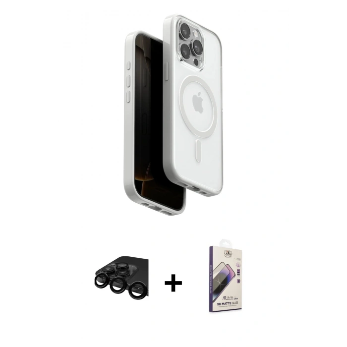 MARSİLYAN™- iPhone 15 Pro Max Kılıf Pusula Form Serisi - Siyah Bilvis 3D Mat Cam Ekran Koruyucu + Raze Metal Kamera Lens - SH