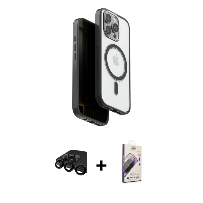 MARSİLYAN™- iPhone 15 Pro Max Kılıf Pusula Form Serisi - Siyah Bilvis 3D Mat Cam Ekran Koruyucu + Raze Metal Kamera Lens - SH