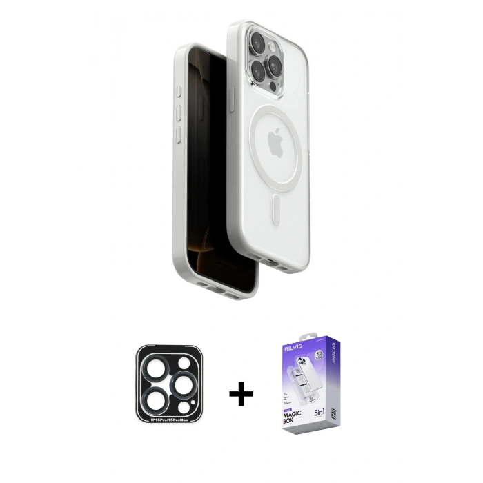 MARSİLYAN™- iPhone 15 Pro Max Kılıf Pusula Form Serisi - Siyah Bilvis 5in1 3D Magic Cam Ekran Koruyucu + PVD Metal Kamera Lens - LT