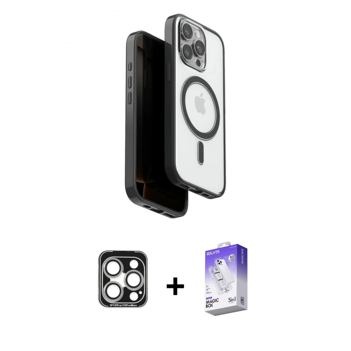 MARSİLYAN™- iPhone 15 Pro Max Kılıf Pusula Form Serisi - Siyah Bilvis 5in1 3D Magic Cam Ekran Koruyucu + PVD Metal Kamera Lens - GS