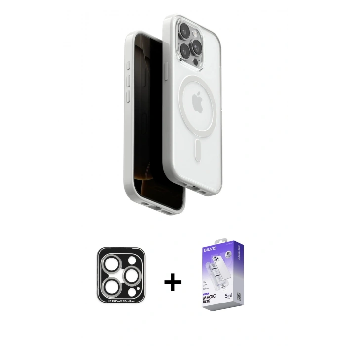 MARSİLYAN™- iPhone 15 Pro Max Kılıf Pusula Form Serisi - Siyah Bilvis 5in1 3D Magic Cam Ekran Koruyucu + PVD Metal Kamera Lens - GS