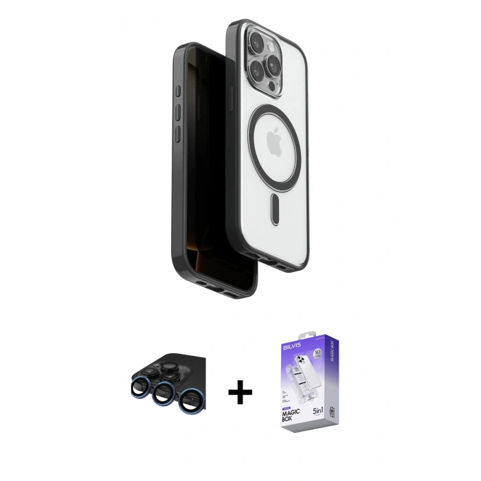 MARSİLYAN™- iPhone 15 Pro Max Kılıf Pusula Form Serisi - Siyah Bilvis 5in1 3D Magic Cam Ekran Koruyucu + Raze Metal Kamera Lens - LT