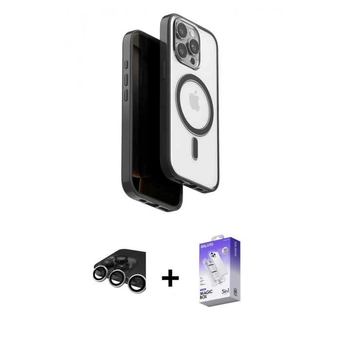 MARSİLYAN™- iPhone 15 Pro Max Kılıf Pusula Form Serisi - Siyah Bilvis 5in1 3D Magic Cam Ekran Koruyucu + Raze Metal Kamera Lens - GS