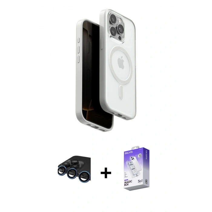 MARSİLYAN™- iPhone 15 Pro Max Kılıf Pusula Form Serisi - Siyah Bilvis 5in1 3D Magic Cam Ekran Koruyucu + Raze Metal Kamera Lens - LT