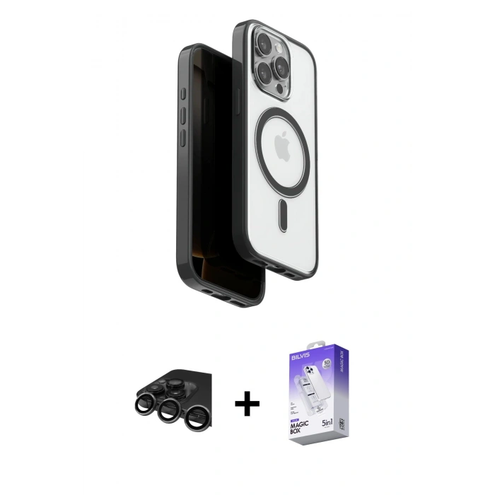 MARSİLYAN™- iPhone 15 Pro Max Kılıf Pusula Form Serisi - Siyah Bilvis 5in1 3D Magic Cam Ekran Koruyucu + Raze Metal Kamera Lens - TMGI